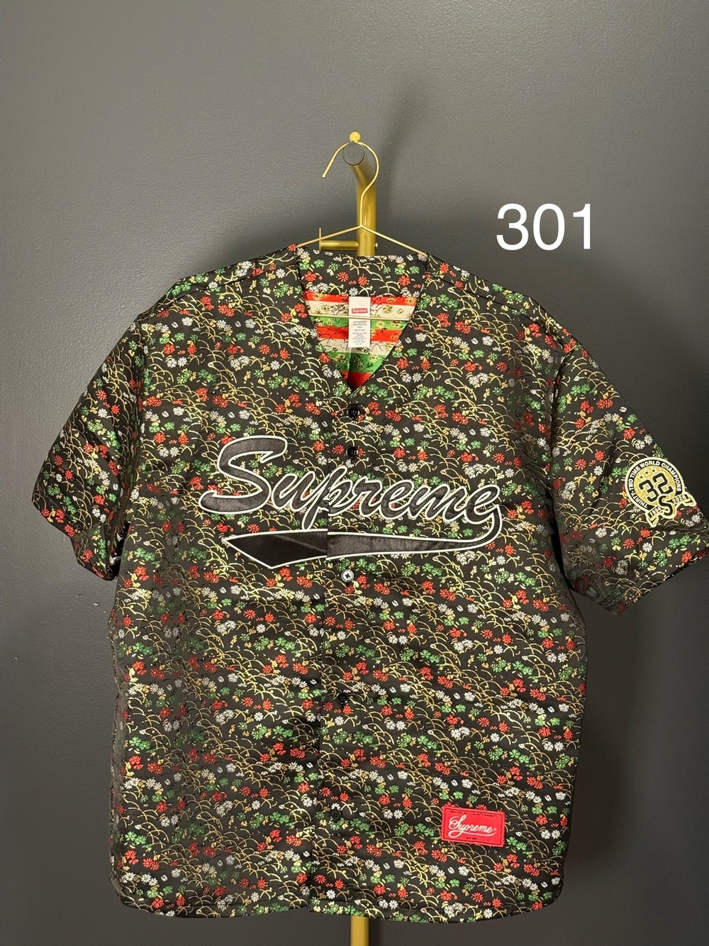 Supreme Black Floral Baseball Jersey with Red & Green Accents